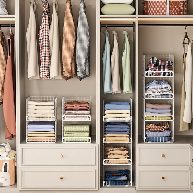 Stackable Closet Organizers and Storage - 4-Tier Stackable Storage Bins, Foldable Closet Shelf Organizer Basket, Clothes Organizers and Storage Shelves for Home Bedroom Closet Organizer System