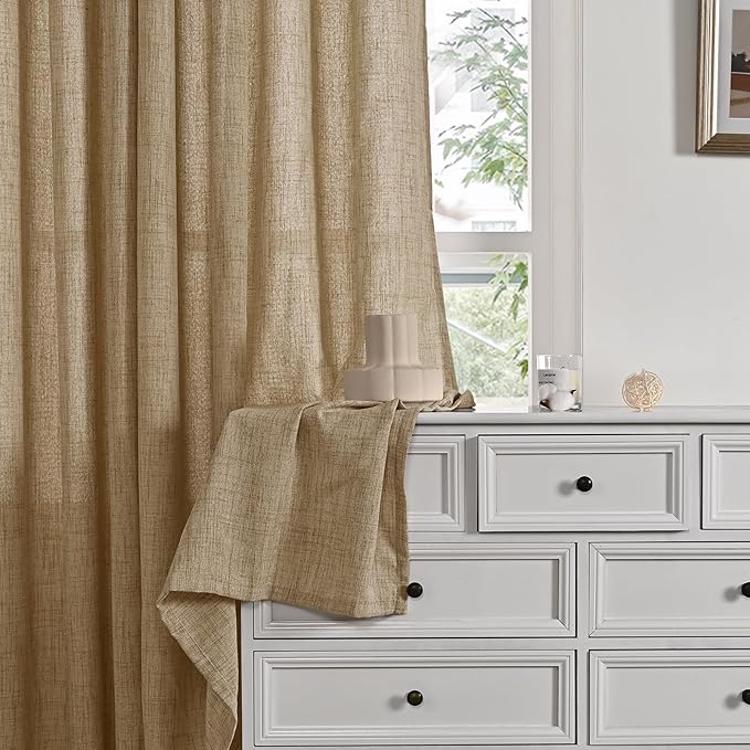 YoungsTex Burlap Linen Curtains 63 Inch Length for Living Room Window, Textured Semi Sheer Drapes Light Filtering with Rod Pocket Back Tab for Farmhouse Bedroom, Toffee, 52 X 63 Inch, 2 Panels