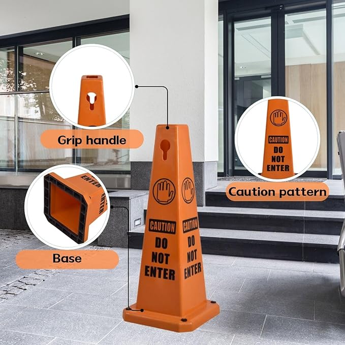 4-Pack 26.5" Caution Cones, 4-Sided Visible Safety Signs with Heavy Rubber Base, Warning for Slip & Fall Prevention, Indoor/Outdoor Use (Orange, 4Pcs-Do Not Enter)