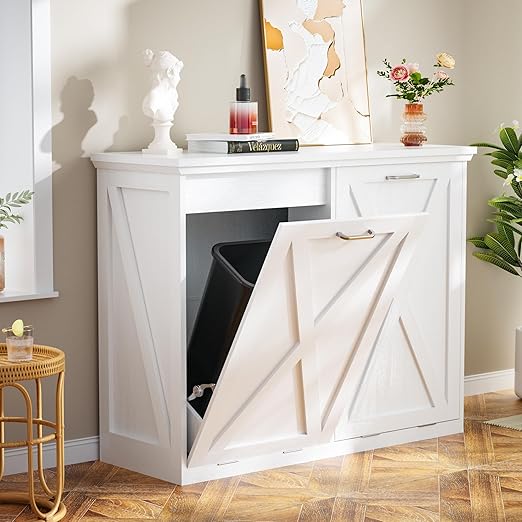 Betterhood TOLEAD Tilt Out Trash Can Cabinet, Hidden Trash Bin with Deodorizing & Negative Ion System, Pet-Proof Kitchen Waste Cabinet for Kitchen, Dining Room, Living Room (White, 2 * 13 Gallons)