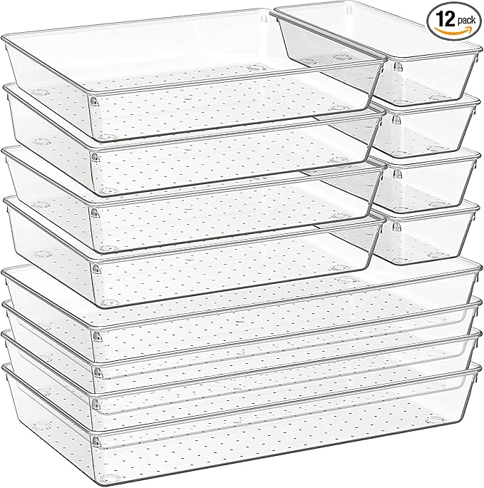 12-Pack Clear Plastic Drawer Organizer Trays – Multi-Use Acrylic Storage Bins for Kitchen, Bathroom, Makeup, Office, School & Undergarments – Perfect for Dorm, Apartment & Home Organization