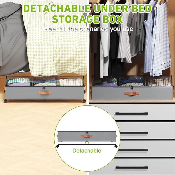 Under Bed Storage with Wheels, 2-Pack Under Bed Storage Containers with Clear Lids, XXL 65L Under the bed storage Organizer Bins, Rolling Under Bed Metal Drawer for Clothes,Shoes,Toys (Gray, 2-Pack)