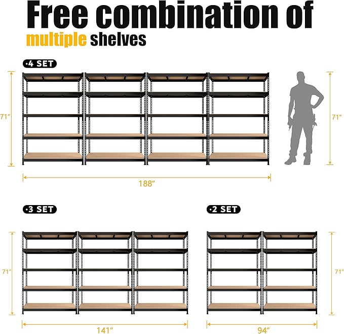 PrimeZone Heavy Duty Adjustable 5 Tier Garage Storage Shelves - 47" W x 18" D x 71" H, Metal Utility Rack Shelf Unit for Warehouse, Pantry, Closet, Kitchen, Black
