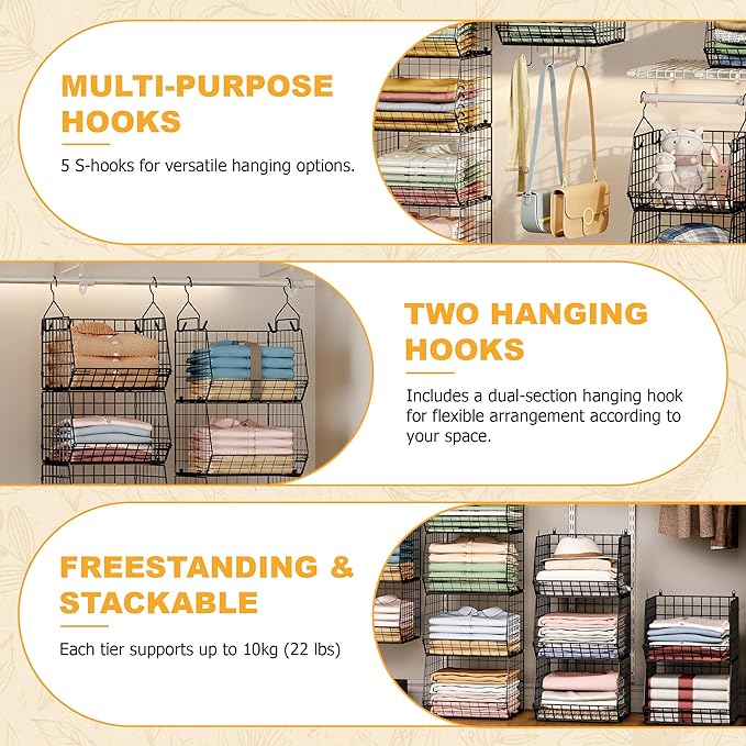 X-cosrack 3-Tier Hanging Storage Organizer for Closet, Laundry & Utility Room | Space Saving Shelves with 1.65" Hook & 5 S-Hooks | Hanging Wire Baskets (12.4" W x 8.8" H x 10.24-11.8" D)