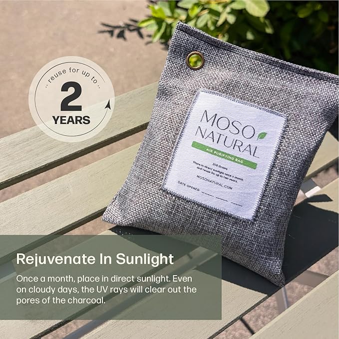Moso Natural Air Purifying Bag 200g (2 Pack) Bamboo Charcoal Odor Absorber for Home & Car | Closet Odor Eliminator, Small Room Deodorizer & Car Air Freshener | Long Lasting Charcoal Bags Cover 90sqft