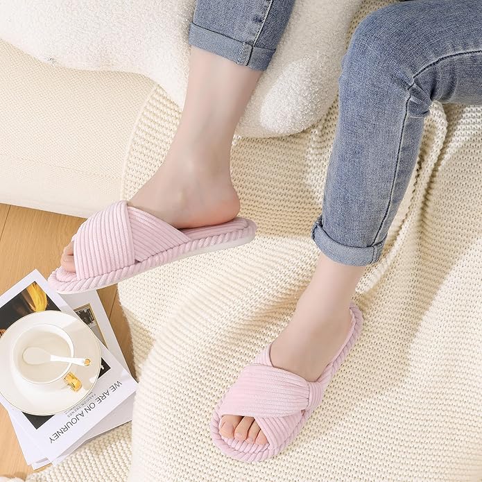 Evshine Summer House Slippers for Women Corduroy Cross Bow Indoor Slippers Open Toe Slip On Bedroom Shoes with Memory Foam