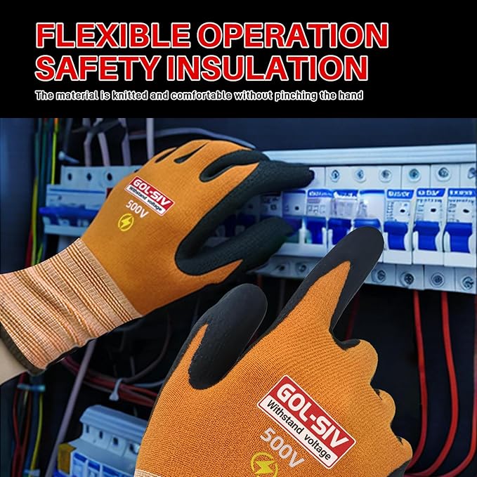 Electrical Insulated Gloves, 500V High Voltage Resistance Electrician Safety Gloves, Rubber Non Slip Work Gloves (500V|nylon insulated, Large)