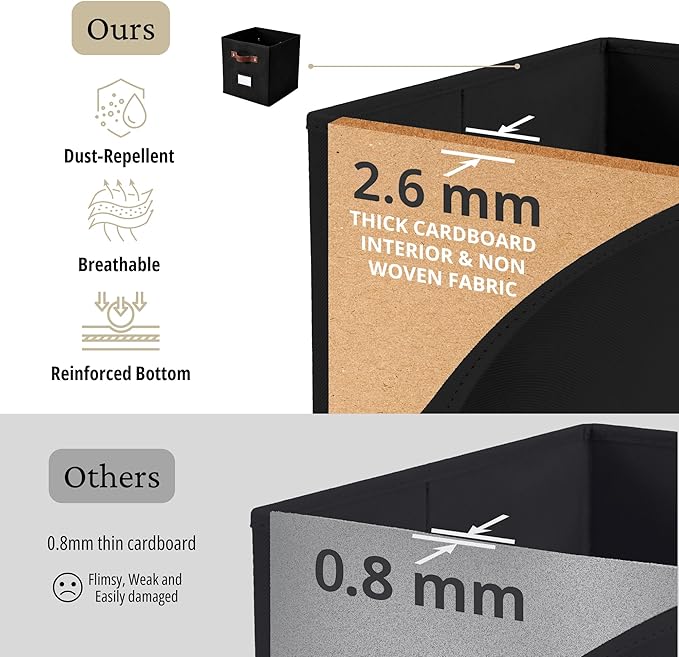 DECOMOMO Storage Cubes, 13x13x13 Storage Cube Bins with Labels, Fabric Organizer Bins (13" / 6pcs, Black)