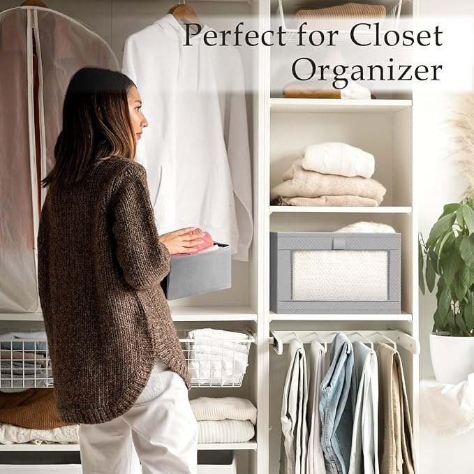 Criusia 8 Pack Linen Closet Organizers and Storage, Large Linen Closet Baskets for Organization, Foldable Storage Containers for Toys, Clothing, Towels, Jeans, Books, Shelves, Grey
