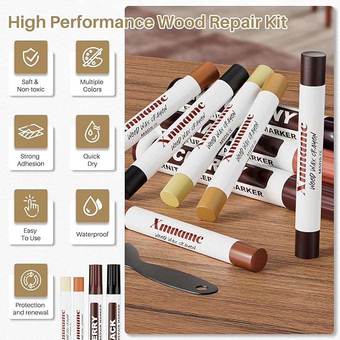 Wood Repair Wax Crayons, 12 Colors Wood Repair Wax Pens Furniture Touch Up Markers, Wood Crayons for Scratches, Scuffs, Cracks, Nail Holes