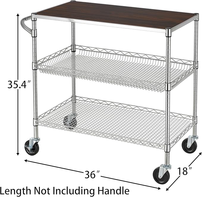 Finnhomy 3 Tier Heavy Duty Commercial Grade Utility Cart with Wood Top, Wire Rolling Cart with Wheels and Handle Bar, Kitchen Carts on Wheels, 18x36x35.4 H Metal Cart with 600 LBS Capacity, Chrome