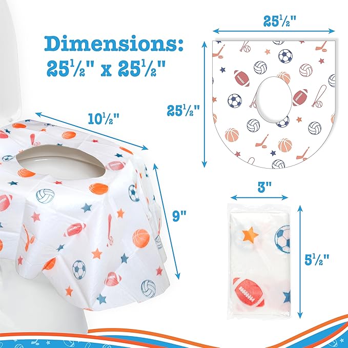 Toilet Seat Covers Disposable (6 Pack, Sports) - XL Waterproof Toilet Cover for Toddlers, Kids & Adults - Portable & Individually Wrapped for Travel, Potty Training & Public Restrooms