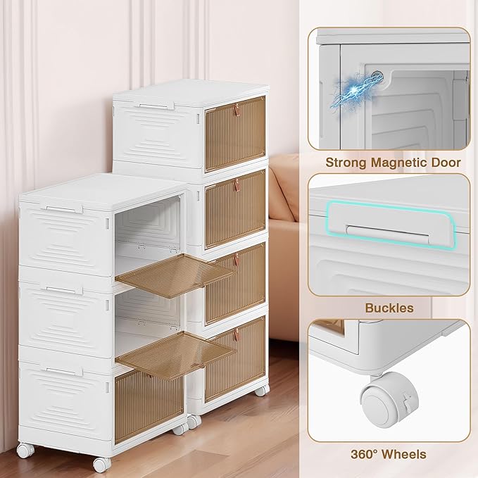 VECELO 4 Tier Storage Bins with Lid, Stackable Storage Boxes with Magnetic Doors & Wheels, Foldable Storage Containers, 23 QT Closet Organizers and Storage for Living Room, Office, Dorm