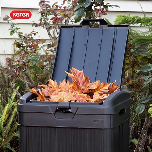 Keter Baltimore Resin 38 Gallon Outdoor Kitchen Trash Can with Lid and Drip Tray for Easy Cleaning-Perfect for Patio Dining, Black