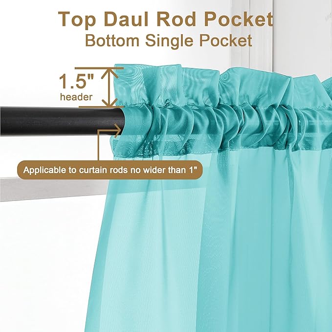 Chyhomenyc Sheer Turquoise Curtains 90 inches Long 2 Panels, Light Filtering Soft Airy Solid Elegant Voile Window Treatment Drapes for Bedroom Living Room Wedding Party Decor, 42 Wx90 L Inches