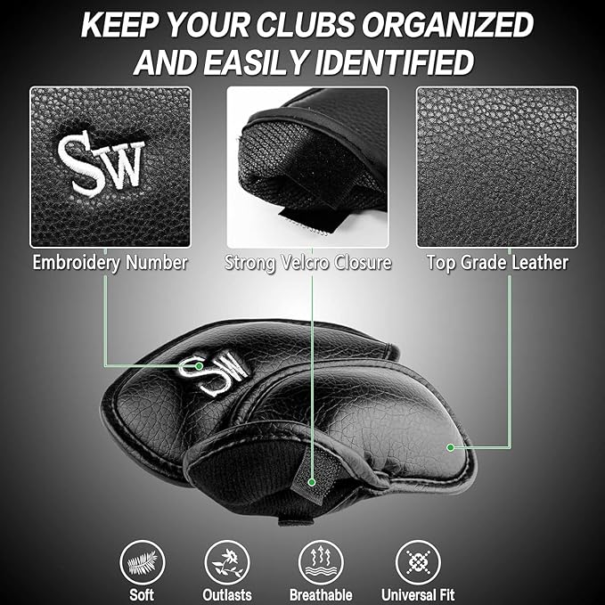 FINGER TEN Premium Synthetic Leather Stylish Iron & Wedge Golf Head Covers Value 12 Piece Set, Embroidered Labels & Fits Most Clubs Gift Set, Travel Protection Accessories