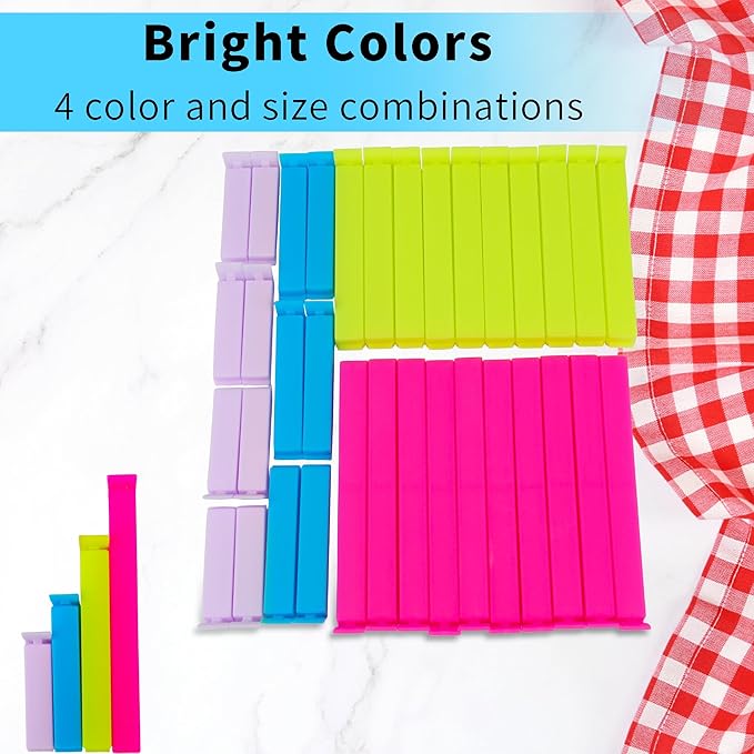 34 Pack Plastic Chip Clips - Resealable Sealing Clips for Food Storage & Snack Bags - 4 Sizes, Bright Colors - 2.4"/3.2"/4.3"/5.5"