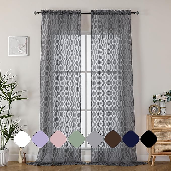 Aiyufeng Extra Long Grey Sheer Curtains 96 Inches Long for Bedroom 2 Panels Set, Farmhouse Wavy Line Light Filtering Clip Jacquard Solid Voile Living Room Curtains, Dual Rod Pocket, 40" Wx96 L Inches