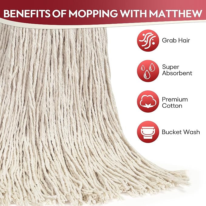 Matthew Cleaning 16oz 6Pack Cotton Floor Mop,Cotton Looped-Open String Heavy Duty String Refills, Universal Headband Blend ,Mop Head Replacement for Home, Industrial and Commercial Use(White)