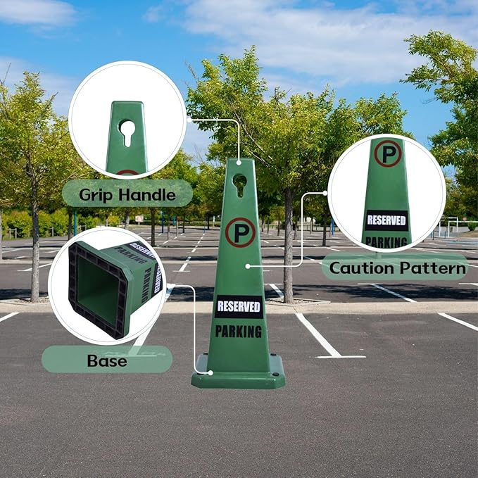 4-Pack 26.5" Caution Cones, 4-Sided Visible Safety Signs with Heavy Rubber Base, Warning for Slip & Fall Prevention, Indoor/Outdoor Use (Green, 4Pcs-Reserved Parking)
