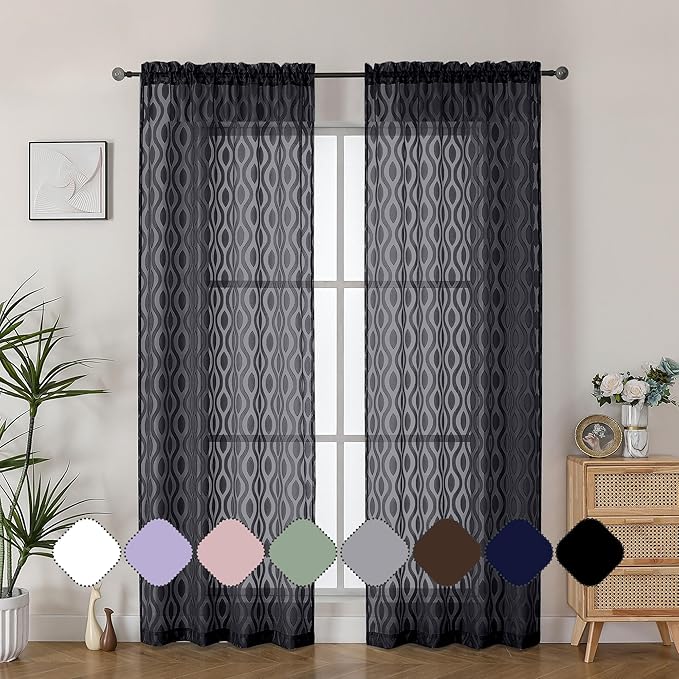 Aiyufeng Sheer Black Curtains 84 Inches Long 2 Panels, Solid Airy Light Filtering Clip Jacquard Window Treatments for Bedroom Living Room, Modern Wavy Line Rod Pocket Curtains, Total 80 inches Width