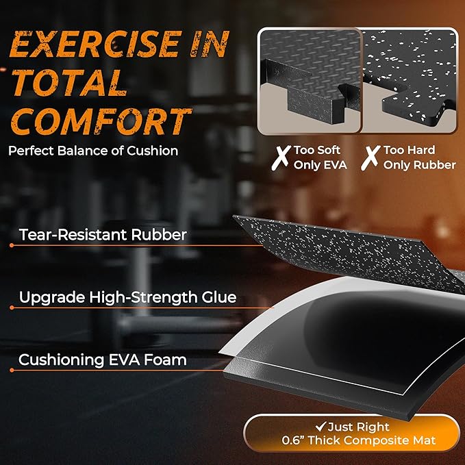 PRAISUN 0.6" Thicker Gym Mat, 12 Tiles 48 Sq Ft Workout Mats, Interlocking Foam Tiles with Rubber Top, High Density EVA Foam, Exercise Mat, Gym Flooring for Home Gym, Garage, 24 x 24in, Black/Grey