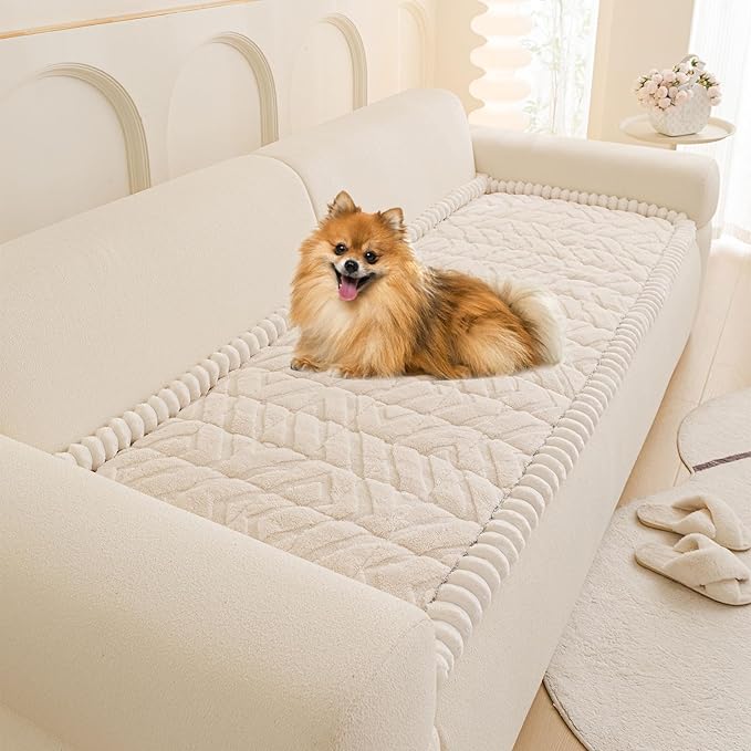 OTOB Plush Couch Cover for Dogs Washable, Non Slip Fuzzy Soft Armrest Backrest Sofa Slipcovers Geometric Jacquard Pet Friendly Couch Covers Protector All Season, 1 Piece (White, 27.6"x27.6")