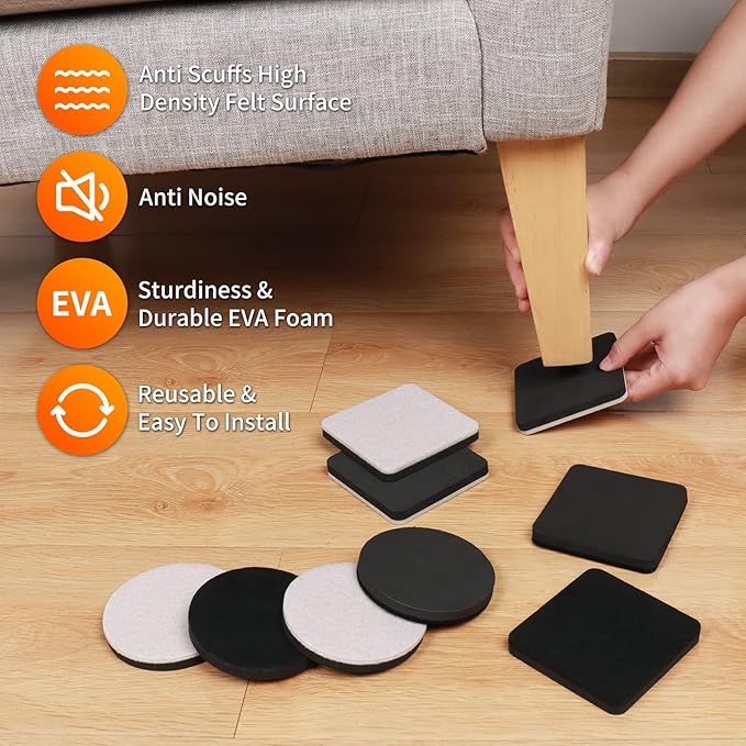 Ezprotekt 3.5" Felt Furniture Movers Sliders for Hardwood & Vinyl Floors, 16 Pcs Square Reusable Felt Furniture Moving Pads for Heavy Duty Sofa Bed Couch Cabinet, Move Items and Quickly (Beige)