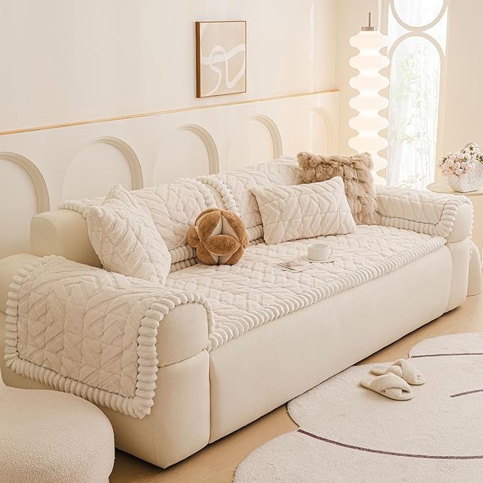 OTOB Couch Covers for 3 Cushion Couch Sofa Pet Friendly, Washable & Non Slip Geometric Jacquard Modern Plush Fuzzy Sofa Slipcovers Protector, All Season Soft Pet Couch Cover (White, 27.6"x82.7")