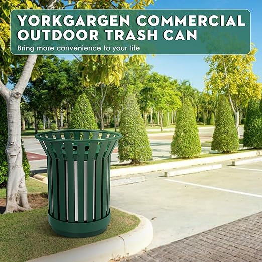 16Gallon/62L Commercial Outdoor & Indoor Metal Trash Can, Outdoor Slatted Trash Receptacle with Metal Linner, All Weather Resistant Large Outside Zone Round Garbage Bin for Street, Park, School-Green