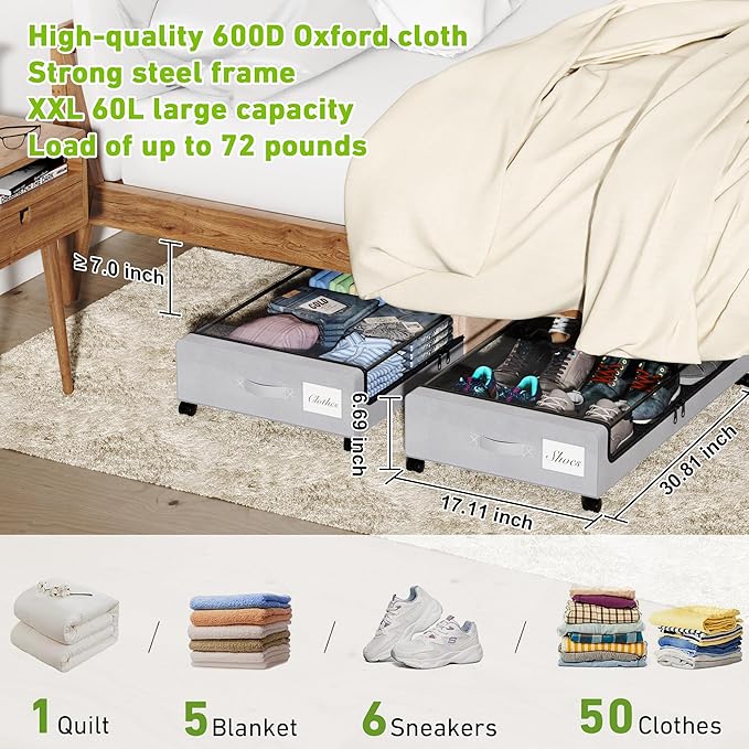 Under Bed Storage with Wheels, 2-Pack Under the Bed Storage Containers with Clear Lids & Label, Underbed Storage Bins, XXL 60L Rolling Metal Drawer for Clothes, Shoes, Toys, Books - Gray