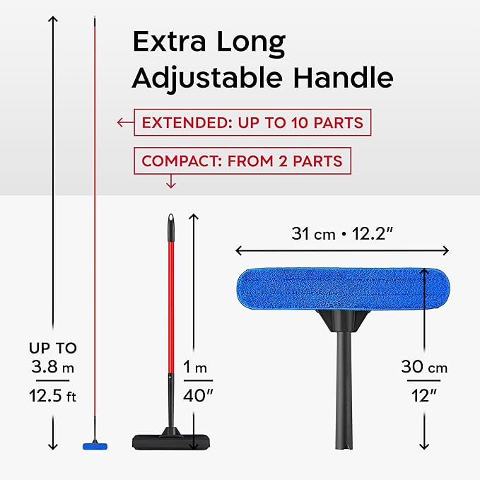 Tyroler Professional Window Squeegee for Home,1 ft-12.5 ft Long Squeegee for Window Cleaning, 2-in-1 Window Cleaning Squeegee Kit, Indoor & Outdoor Window Cleaner Tool for High Windows & Glass