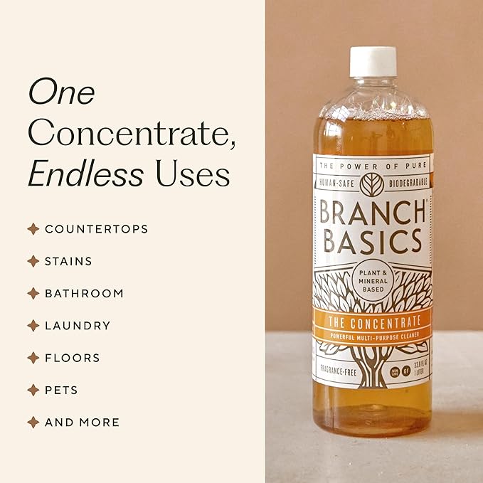 Branch Basics Cleaning Essentials Kit: All Purpose Spray, Glass Cleaner, and Bathroom Cleaner - Concentrate (33.8 Oz) + Plastic Spray Bottles for Cleaning (24 Oz) Non-Toxic, Fragrance-Free