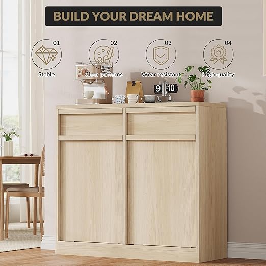 Double Tilt Out Trash Cabinet, Natural Wood Hidden Garbage Can Cabinet for 2 x 10 Gallon Bins, Modern Pet-Proof Trash Cabinets for Kitchen, Dining, Living Room Storage