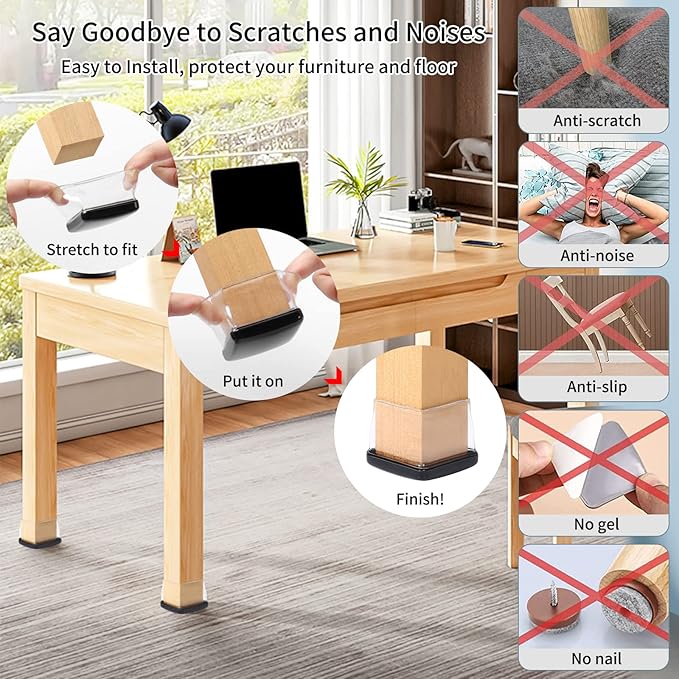 Ezprotekt 24 Pcs Large Clear Chair Leg Sliders for Carpet, Square Teflon Furniture Glides Pads Caps for Rug, Bar Stool Leg Protectors Covers for Table, Chair, Sofa Legs (XL Fit: 1.5" - 2")