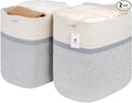 Storage Baskets for Clothes Fabric Cotton Rope Storage Basket with Handles, Decorative Woven Basket for Living Room,Closet Organizer Blankets, and 2bags (White/Gray, L17.8×W12.5×H17.9)