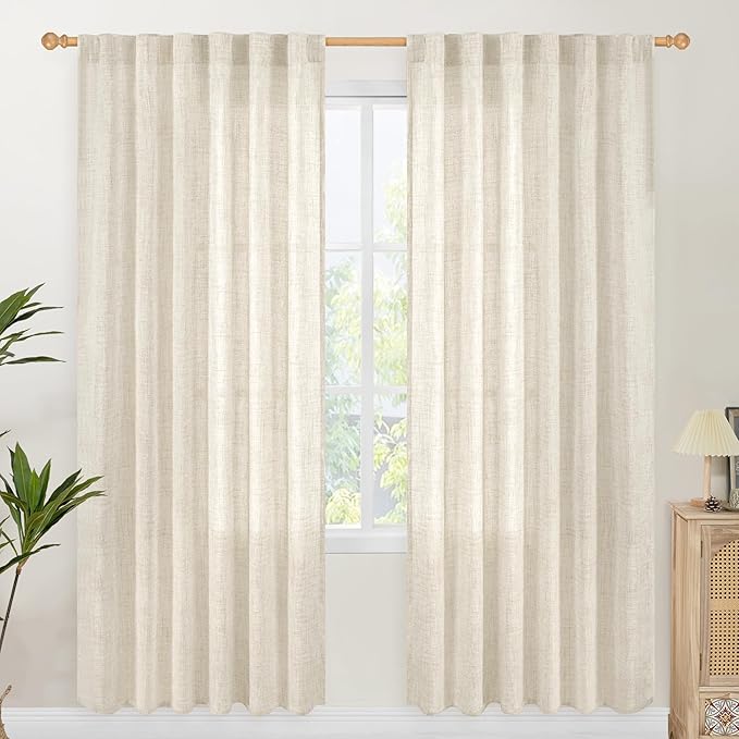 YoungsTex Linen Semi Sheer Curtains 78 Inch Length for Living Room, Boho Cream Light Filtering Window Drapes Textured with Rod Pocket Back Tab for Dining Bedroom, 2 Panels, 52 X 78 Inch