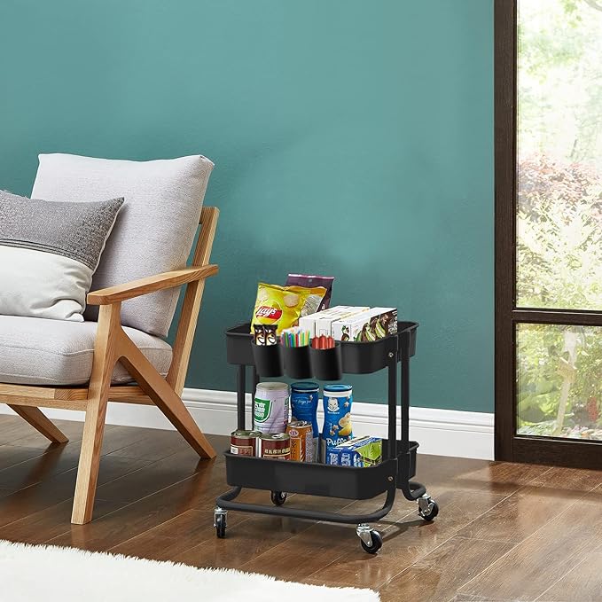 Melody House 2-Tier Utility Rolling Cart Storage Sofa Side Table with Wheels, Mobile Trolley Organizer with for Office Home Kitchen Organization, Black