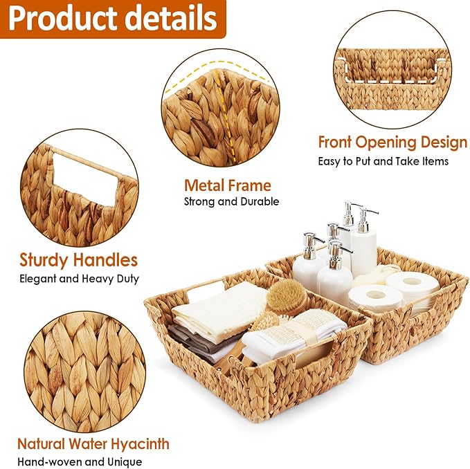 Water Hyacinth Wicker Basket 2 Pack With Handles - Pantry Storage and Organization, Handmade Large Natural Baskets for Organizing