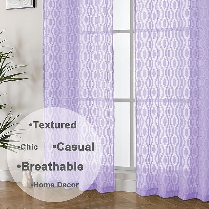 Aiyufeng Light Purple Sheer Curtains 54 Inch Length 2 Panels, Soft Lightweight Clip Jacquard Textured Sheer Curtain Panels, Modern Wavy Line Voile Sheer Curtain for Bedroom Living Room, 40Wx54L Inches