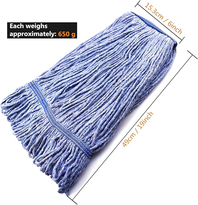 String Mop Heads Replacement Heavy Duty Commercial Grade Blue Cotton Looped End Wet Industrial Cleaning Mop Head Refills (3, Large)