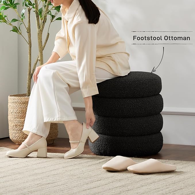 Round Ottoman with Storage Boucle Ottoman Stool with Storage Removable Lid for Living Room Modern Vanity Sorage Stool Foot Rest Bedroom Dorm Gift Set of 1 (Black)
