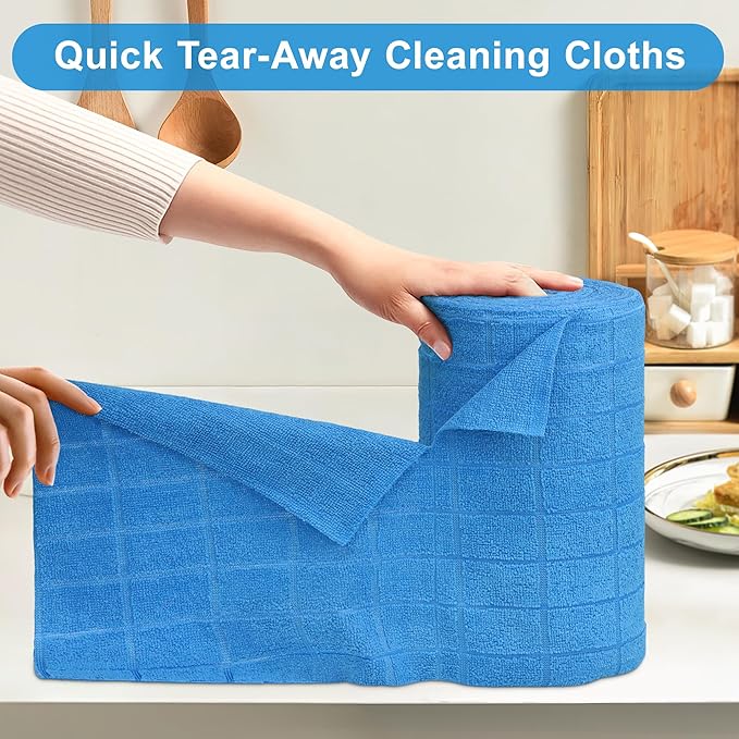 LIVOS Microfiber Cleaning Cloth Roll - 80 Pack, Reusable Paper Towels, Microfiber Towels for Cars, Super Absorbent Lint Free Cleaning Rags for House, Kitchen, Window-Check Blue, 11.5"x11.5"