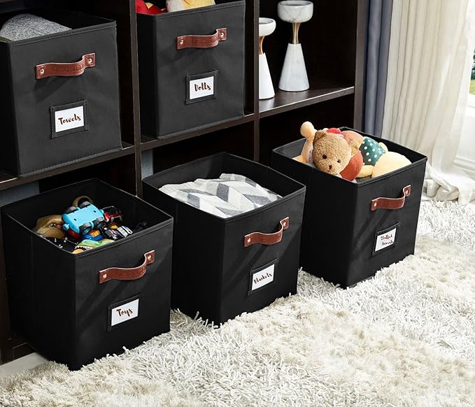 DECOMOMO Storage Cubes, 13x13x13 Storage Cube Bins with Labels, Fabric Organizer Bins (13" / 6pcs, Black)