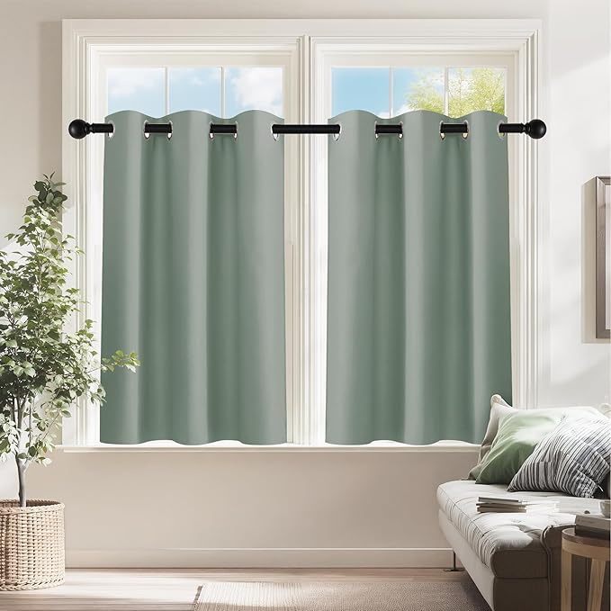 PONY DANCE Sage Green Small Curtains for Bathroom, Black Out Thermal Insulated Short Window Drapes Grommet Room Darkening Half Window Curtains for Cabinet Dorm Loft(2 Panels, W 34 x L 36 inches)