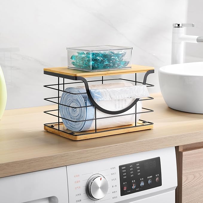 Extra Large Trash Bag Holder Under Sink Organizer Stackable Pantry Organizers and Storage with Lid, Wall Mounted Garbage Bag Dispenser Roll Holder for Kitchen Laundry Room Organization