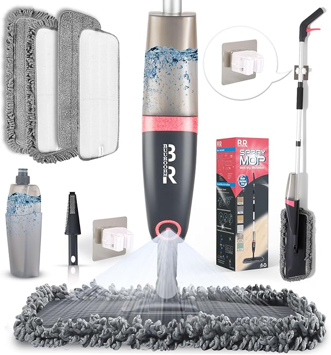 Microfiber Spray Mop for Floors Dry and Wet Mop with Dusting 360 Rotation for Kitchen, Hardwood, Laminate, Tile Floors Includes 4 Refill Heads, Scraper, Holder & Spray Bottle