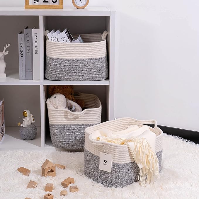 Medium and Large Woven Basket//With Handle, Used for Toys and Fabric Storage Basket used for Storing xl Storage Box, Decorative Storage Box Room 2pack (14L*10W*8.6H Silver Gray, 14Lx10Wx8.6H)