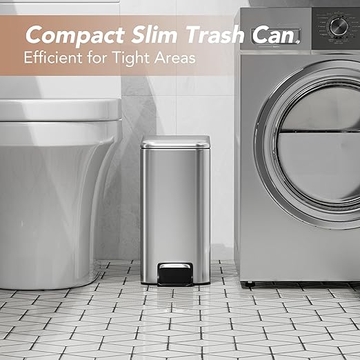 Small Trash Can with Lid Soft-Close, 6 L/1.6 Gal Bathroom Garbage Can with Removable Inner Bucket, Step Pedal, Stainless Steel Wastebasket for Kitchen, Bathroom, Bedroom, Office, Silver