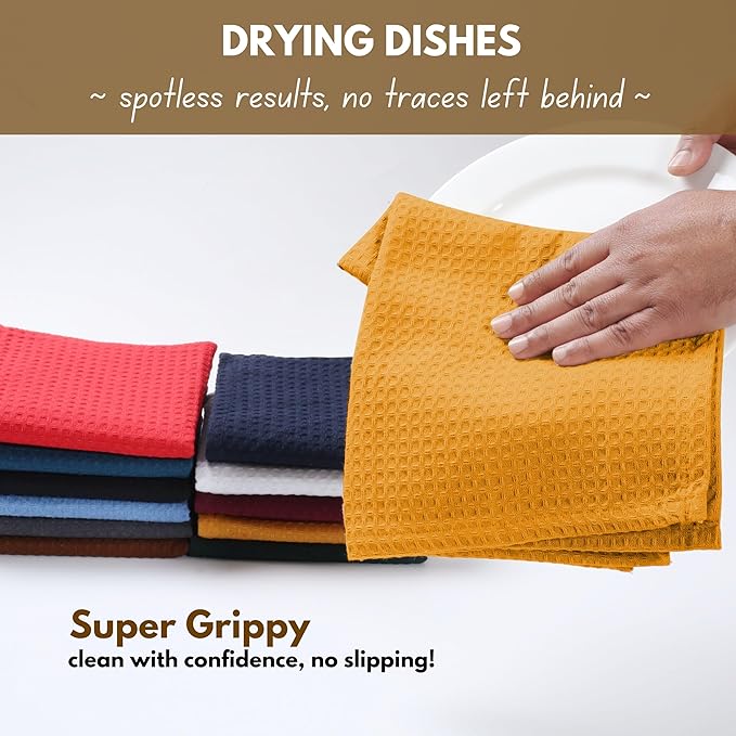Native Fab Cotton Kitchen Towel with Hanging Loop 16x26 inches, 4-Pack, Waffle Weave Kitchen Towels for Cleaning Drying, Washcloths Soft & Absorbent Cloth Rags, Bar Towel, Dish Cloth, Mustard Yellow